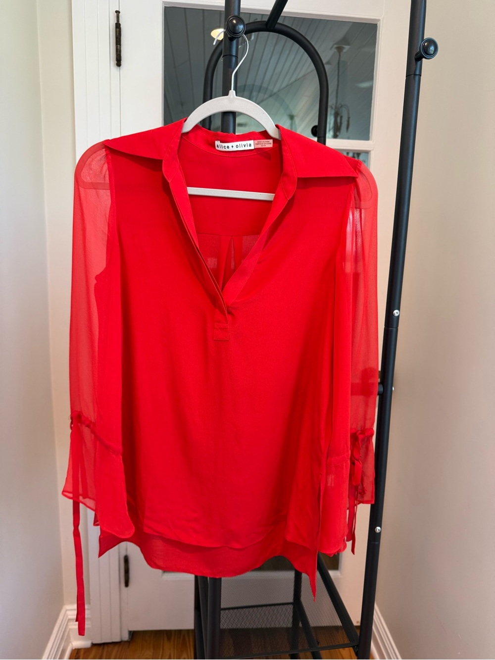 Alice + Olivia Red Tunic Blouse with Sheer Tie-Cuff Sleeves – Size XS